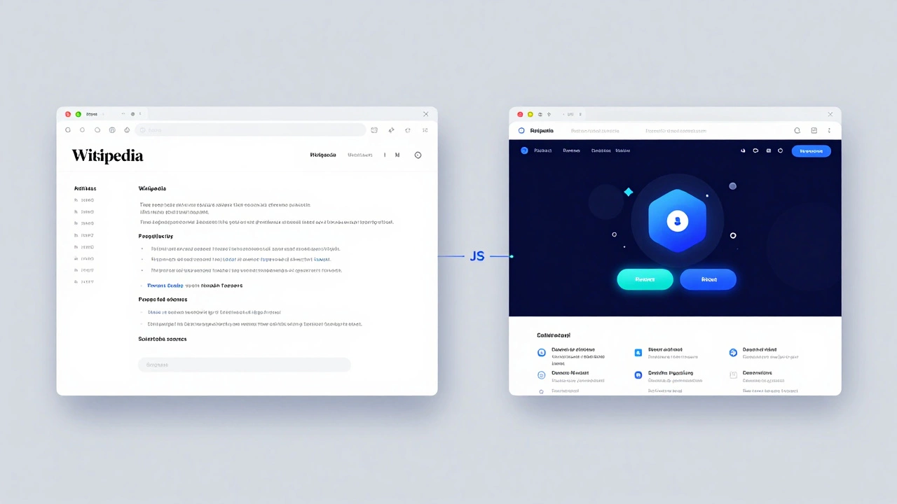 Разделённый экран: слева — статичная веб-страница, справа — интерактивный сайт, между ними — обрывается провод 'JS'.