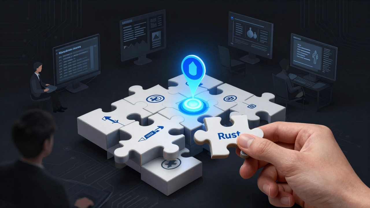 Рука вставляет последний элемент в головоломку, символизирующую систему владения в Rust.