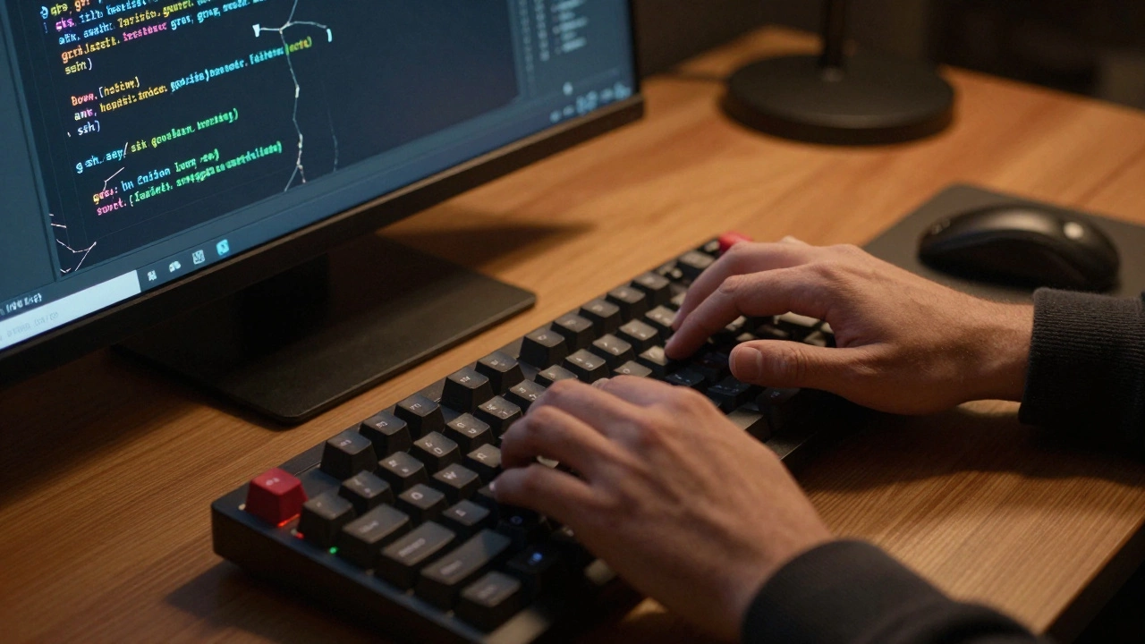 Руки хакера печатают команды Bash в терминале Linux, за спиной — логи сервера.