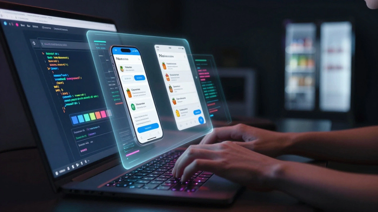 Руки разработчика за клавиатурой, из экрана выходят голографические приложения, созданные с помощью JavaScript.