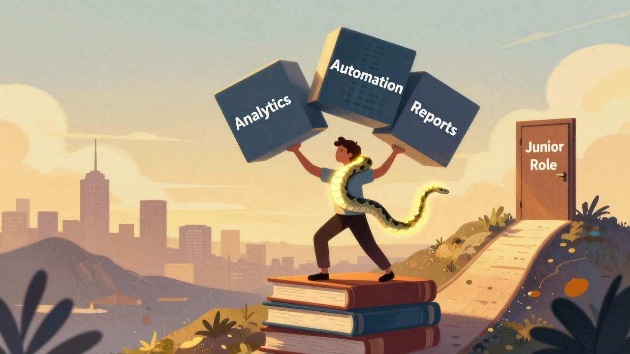 Человек использует Python как инструмент для управления блоками данных и аналитики.