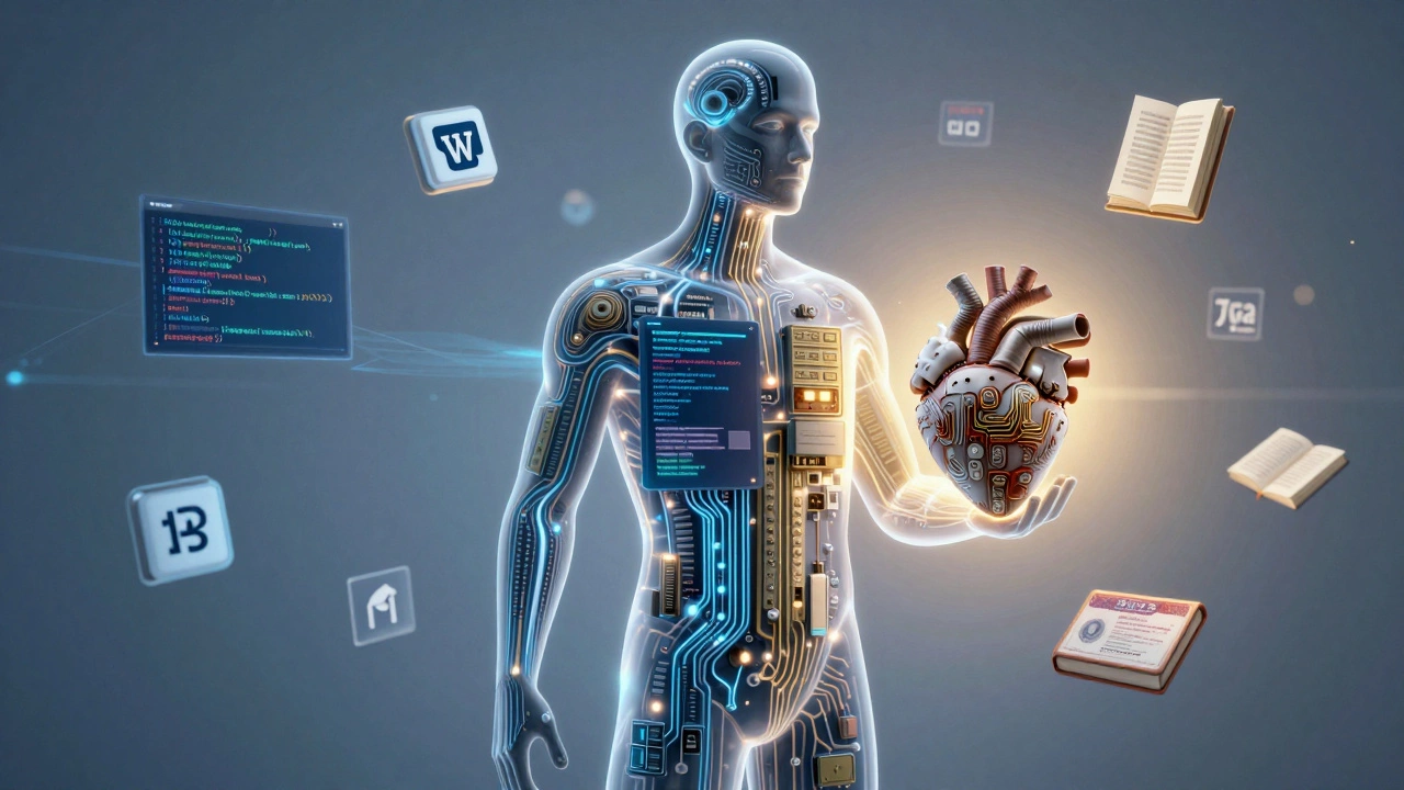 Человек с внутренними цепочками кода: Python, JavaScript и Java, вокруг — GitHub, книги по английскому и виза.