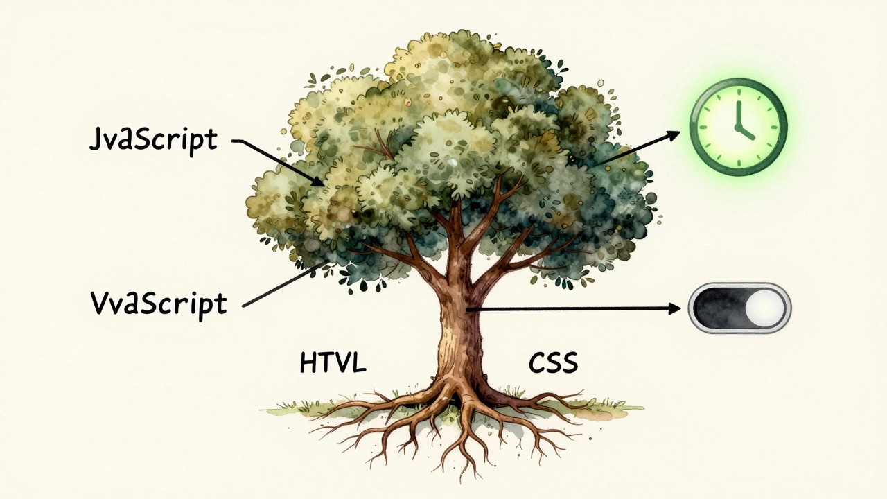Цифровое дерево, растущее из HTML-документа, с ветвями, символизирующими JavaScript-функции: часы и переключатель темы.