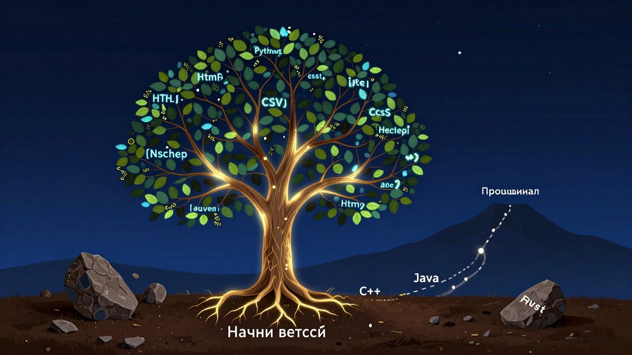 Дерево из кода: Python, HTML, CSS и JavaScript — листья растут вверх, а C++ и Java лежат у корней
