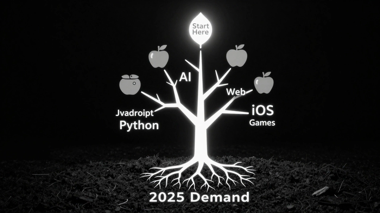Дерево из кода с корнями в востребованных языках программирования и одной светящейся веткой для начала.