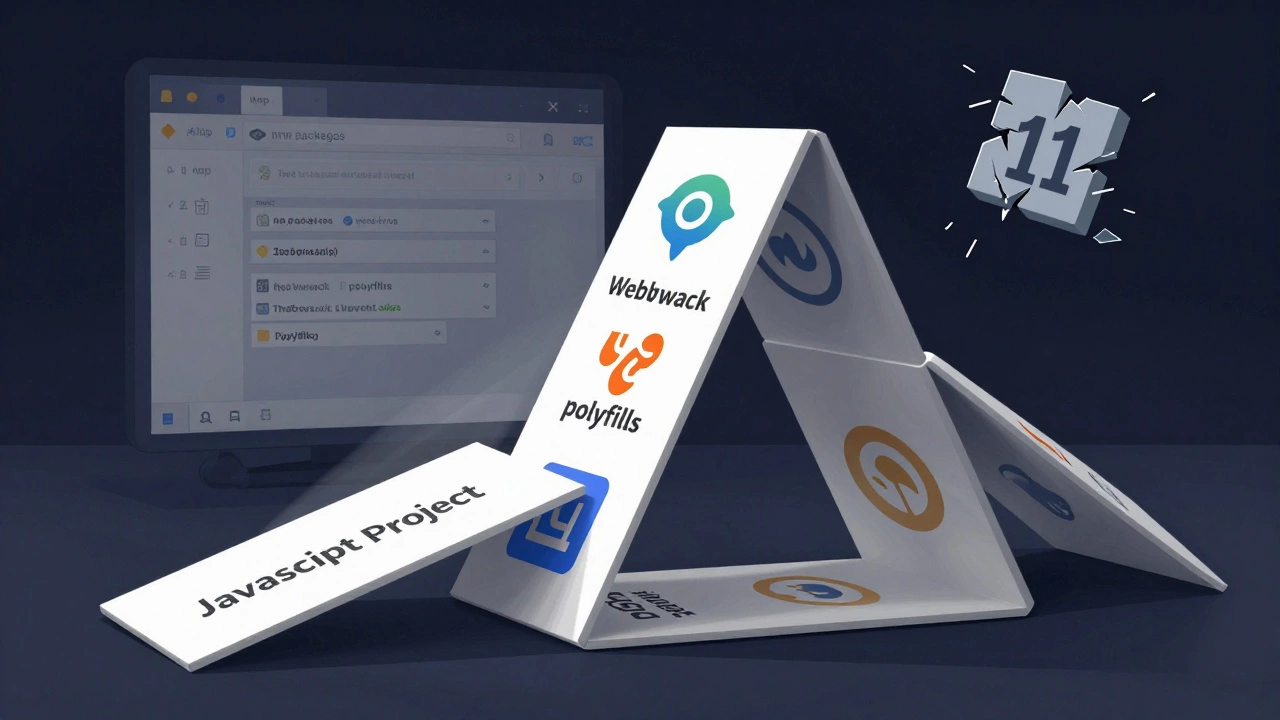 Хрупкий дом из карточек с названиями JavaScript-зависимостей рушится под тяжестью библиотек и старых браузеров.