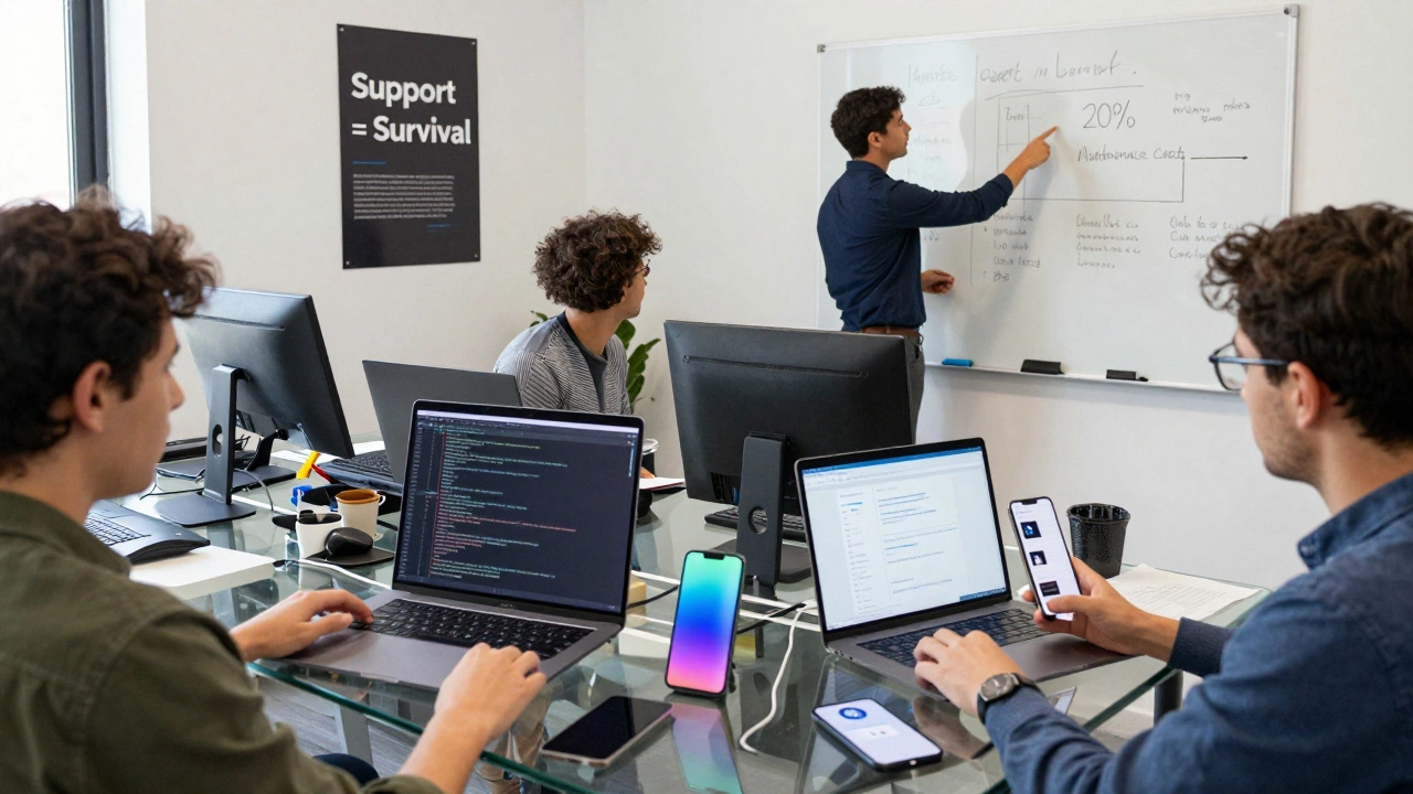 Команда разработчиков тестирует приложение на разных телефонах, на доске — график годовых затрат на поддержку.
