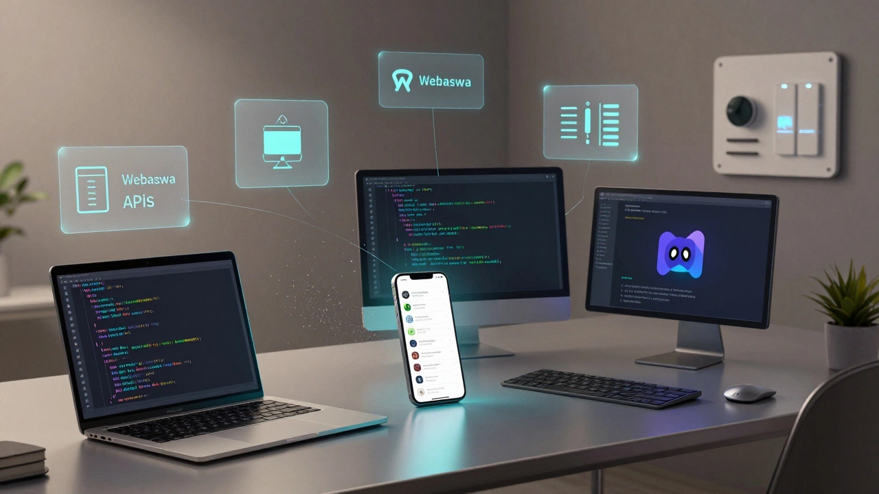 Один код JavaScript управляет множеством устройств: компьютером, телефоном и умной панелью.