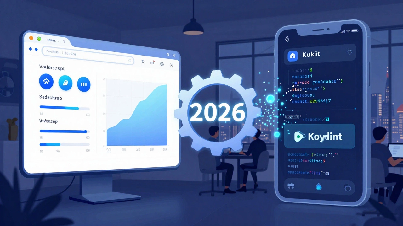 Разделённый экран: веб-интерфейс слева, мобильное приложение справа, соединённые технологией 2026 года.