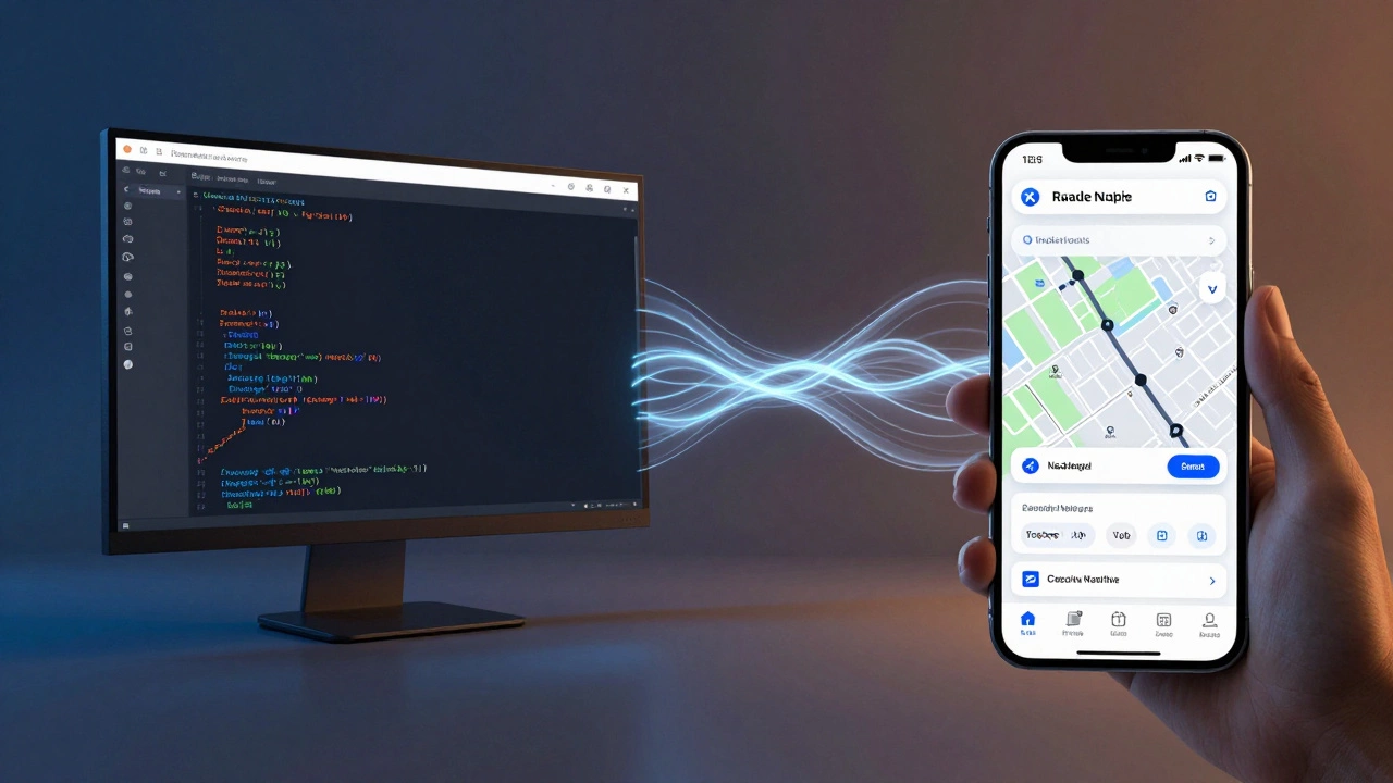 Разработчик пишет код на Node.js, а на телефоне работает приложение с живой картой.
