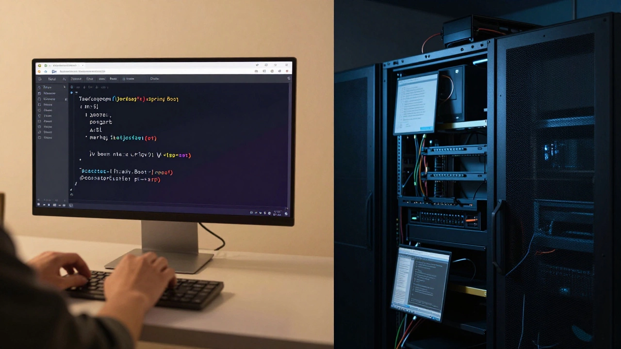 Слева — простой JavaScript-скрипт, справа — сложная серверная инфраструктура, контраст простоты и излишней сложности.
