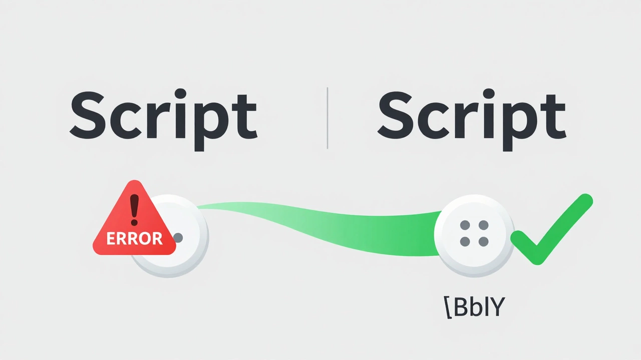 Сравнение двух структур HTML: скрипт в head с ошибкой и скрипт в конце body с успешным выполнением.