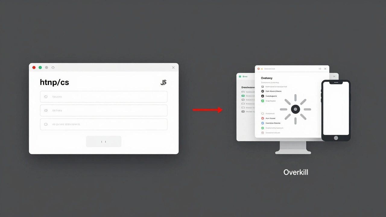 Сравнение простого HTML-сайта и перегруженного React-приложения: слева — чистый интерфейс, справа — тяжелая загрузка.