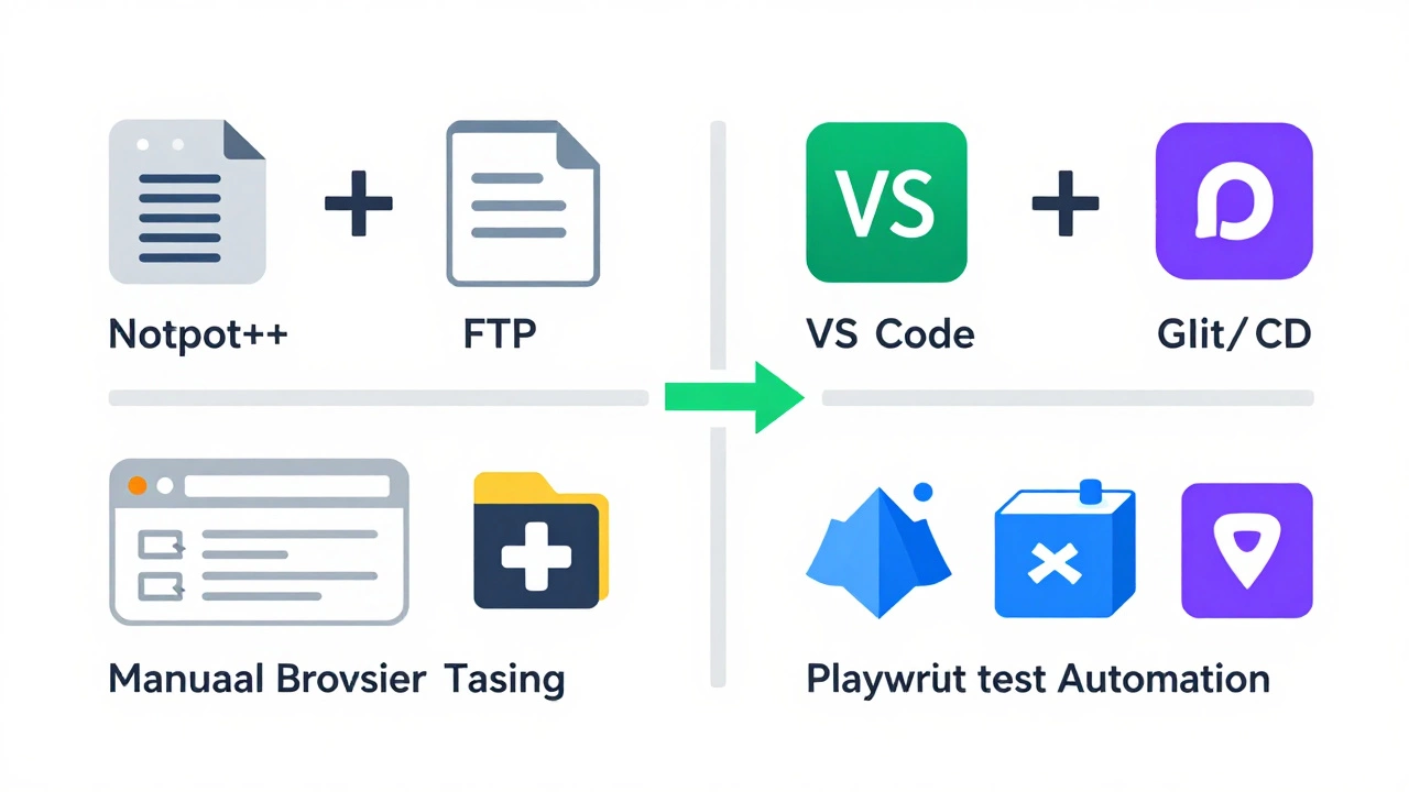 Сравнение устаревших инструментов разработки и современного стека в виде разделённой сцены.
