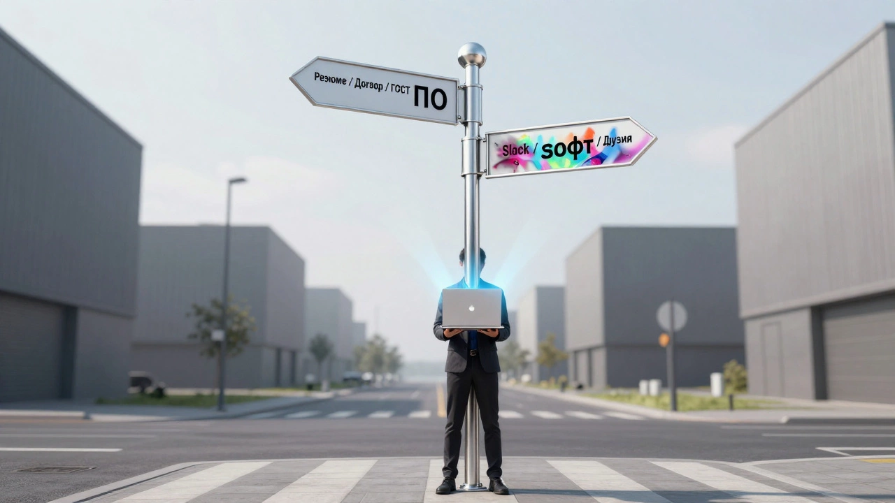 Человек стоит на перекрёстке: один путь ведёт к 'ПО', другой — к 'софту', символизируя контекст использования.