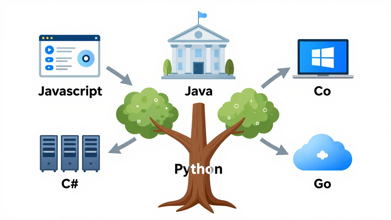 Дерево с четырьмя ветвями, каждая ведет к разной карьере в программировании, корень — Python.