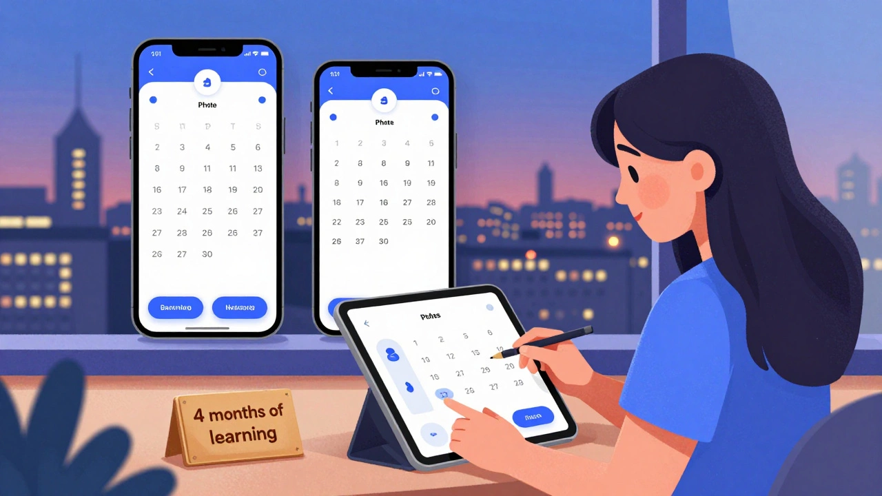 Девушка создает мобильное приложение для записи к парикмахеру с помощью Flutter на планшете.