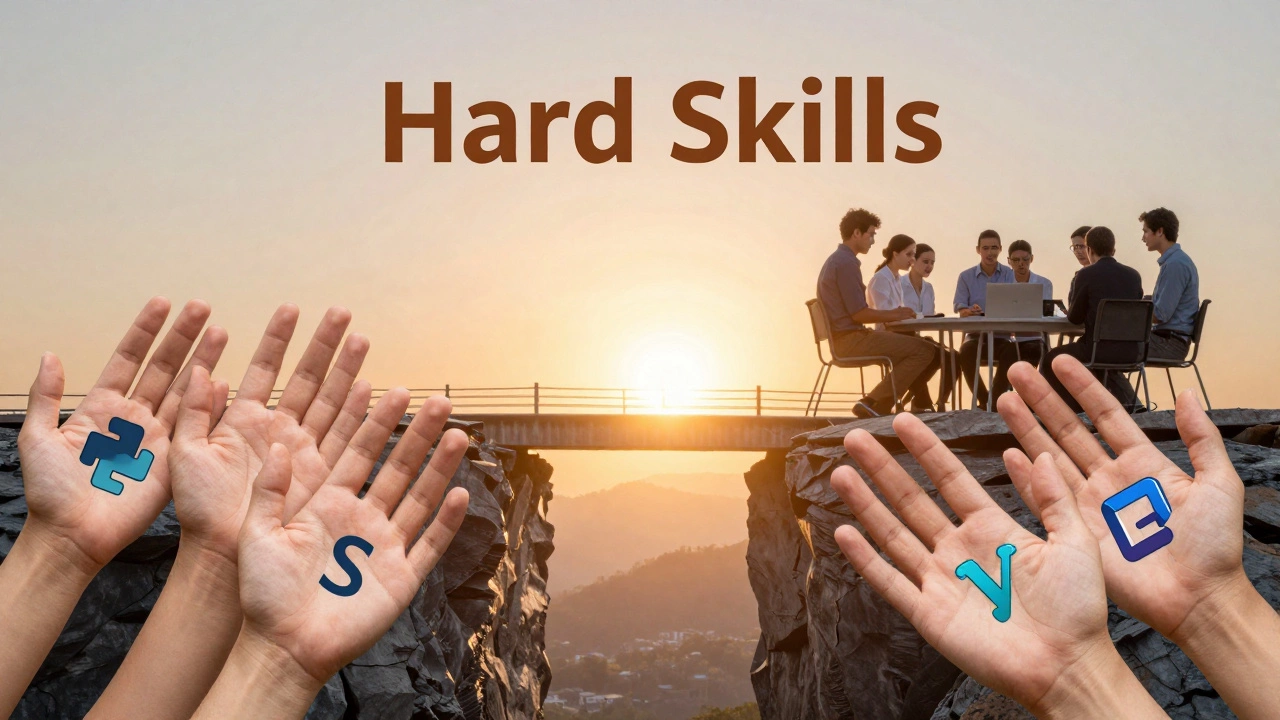 Мост из человеческих рук, держащих код, перекидывается через пропасть технических навыков.