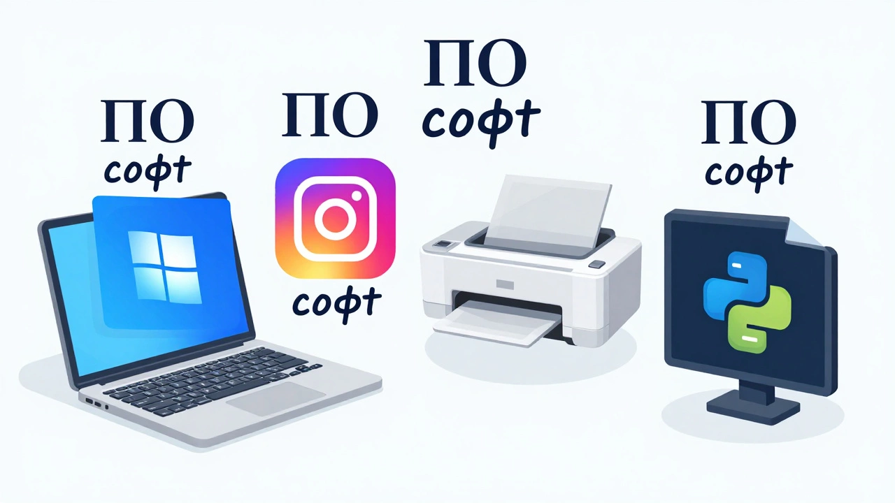 На экране компьютера плавают разные программы — все помечены как 'ПО' и 'софт' на русском.