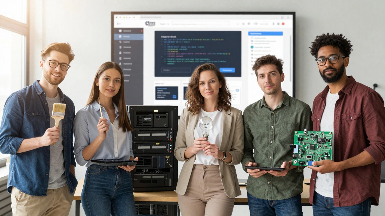 Пять профессионалов веб-разработки стоят вместе, держа символы своих ролей, за ними — живой сайт.