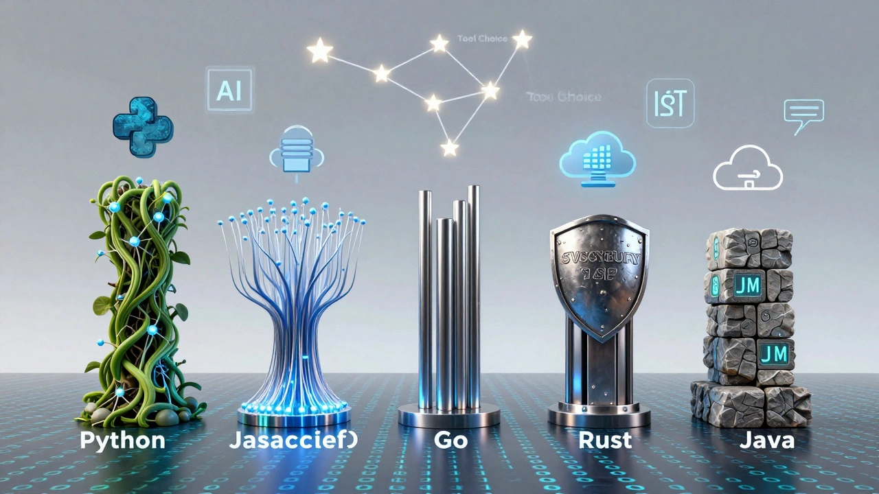 Пять символов языков программирования как столбы из разных материалов, соединённые потоками данных и иконками технологий.