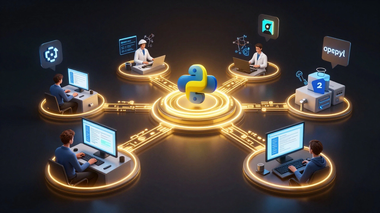 Python как центральный узел, соединяющий аналитика, ученого, инженера и маркетолога через светящиеся кодовые пути.