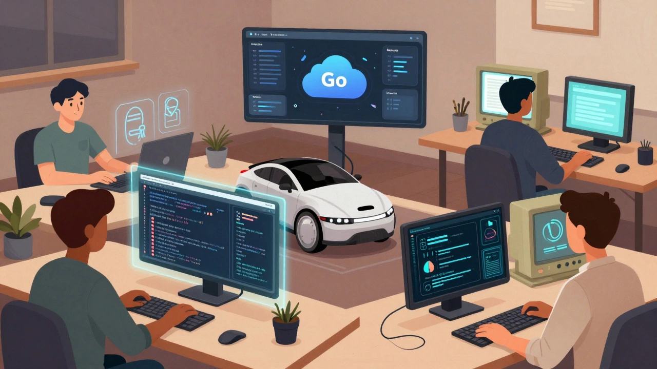 Разработчики в офисе 2030 года, каждый работает с другим языком: Python, JavaScript, Go, Rust и Java.