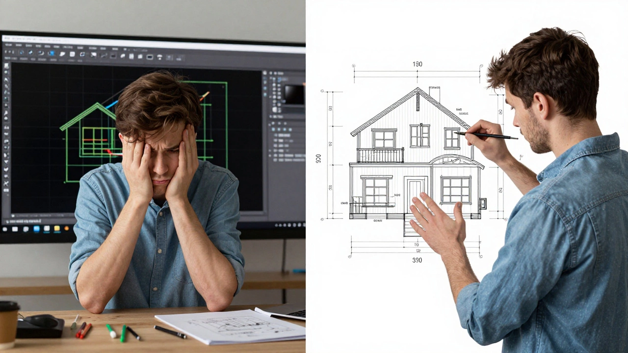 Сравнение: начинающий с хаотичным чертежом и тот же человек позже с точным планом дома.