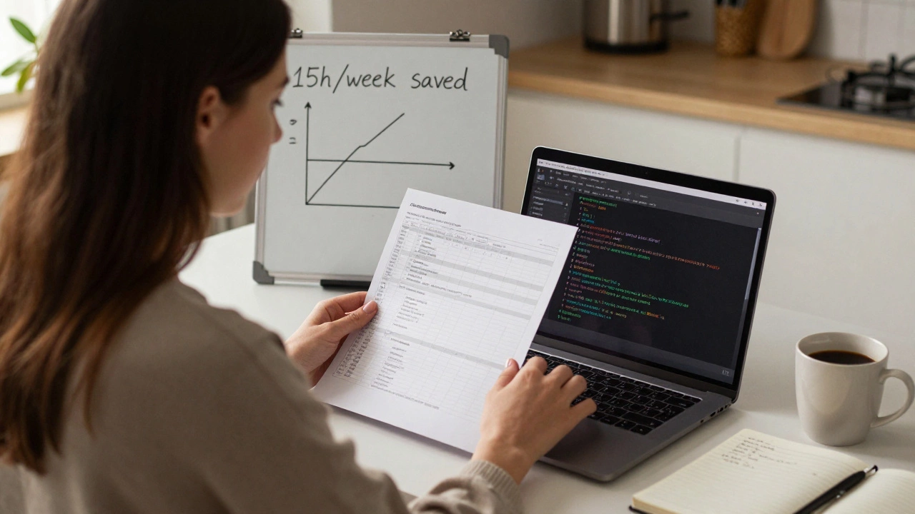 Женщина в Казани пишет Python-скрипт для автоматизации Excel-отчетов, на столе — распечатанные данные и чашка кофе.