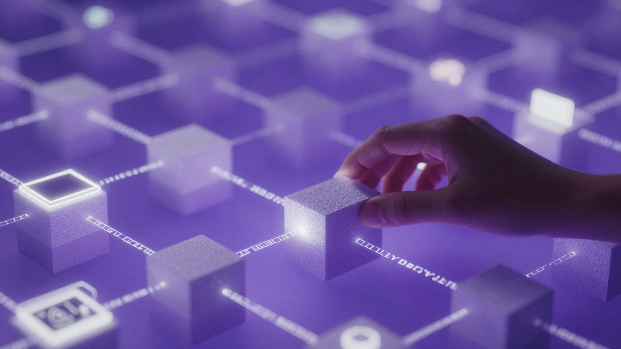 Абстрактная архитектура из кода, соединяющаяся с реальными системами — медициной, образованием и финансами.