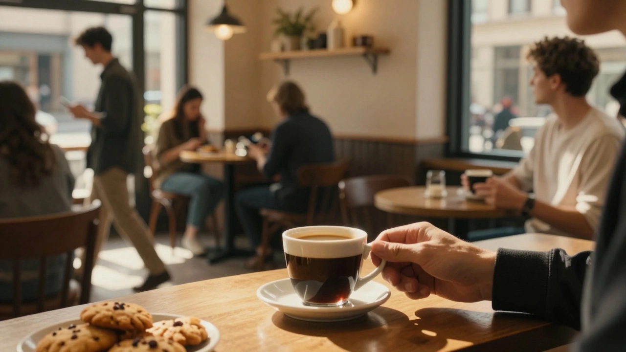 Человек в кафе ожидает кофе, пока одновременно занимается другими делами — визуализация асинхронности в JavaScript.