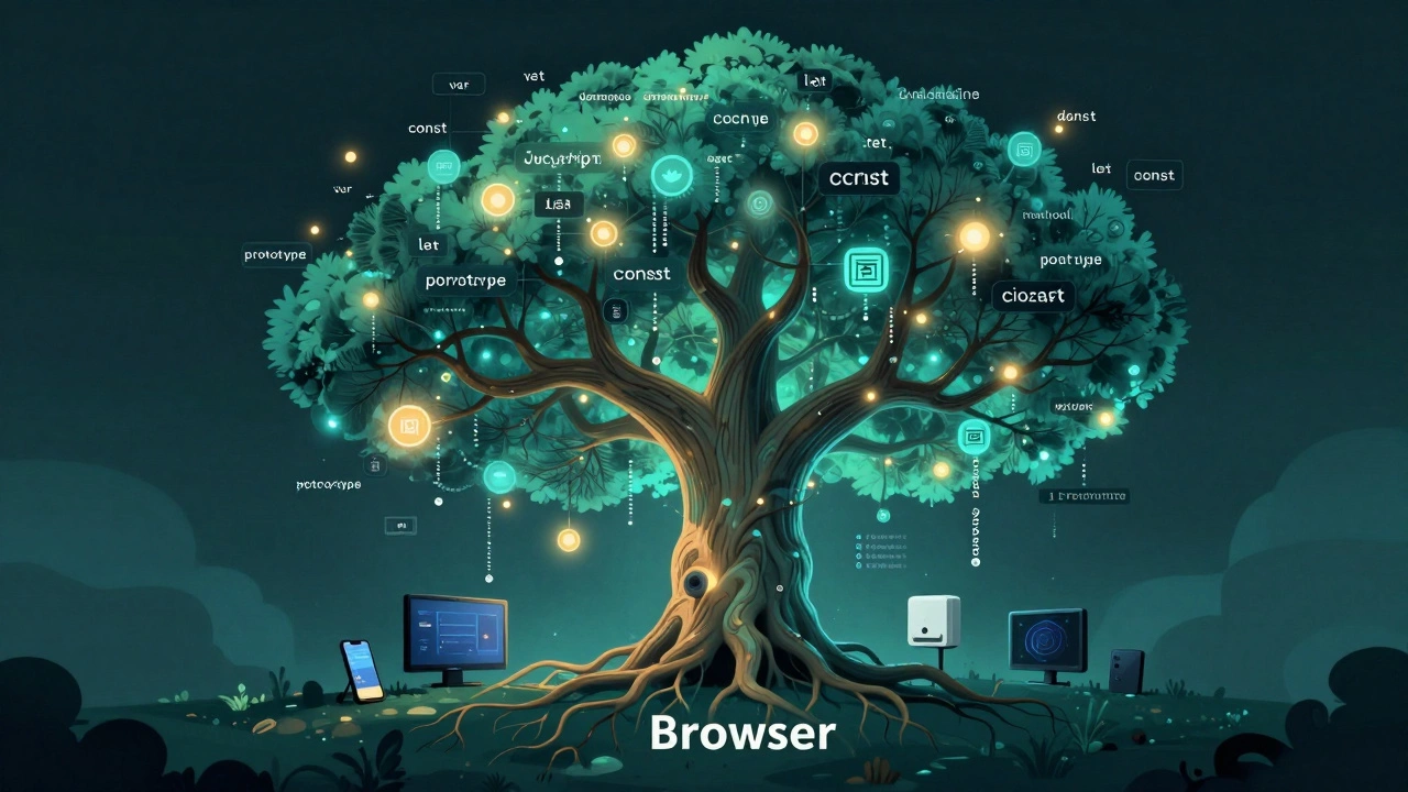 Дерево из синтаксиса JavaScript растёт из браузера и уходит корнями в устройства — символ его повсеместного использования.