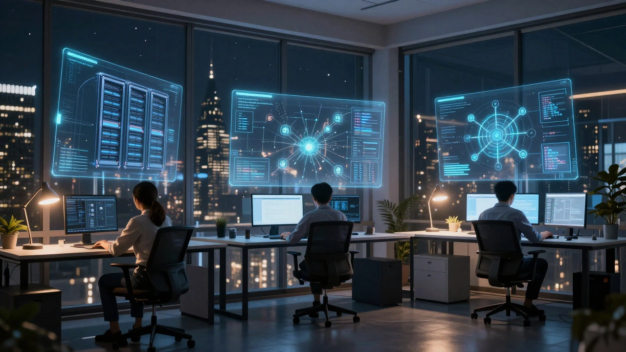 Фотографический образ инженера в офисе с видом на футуристический город ночью.