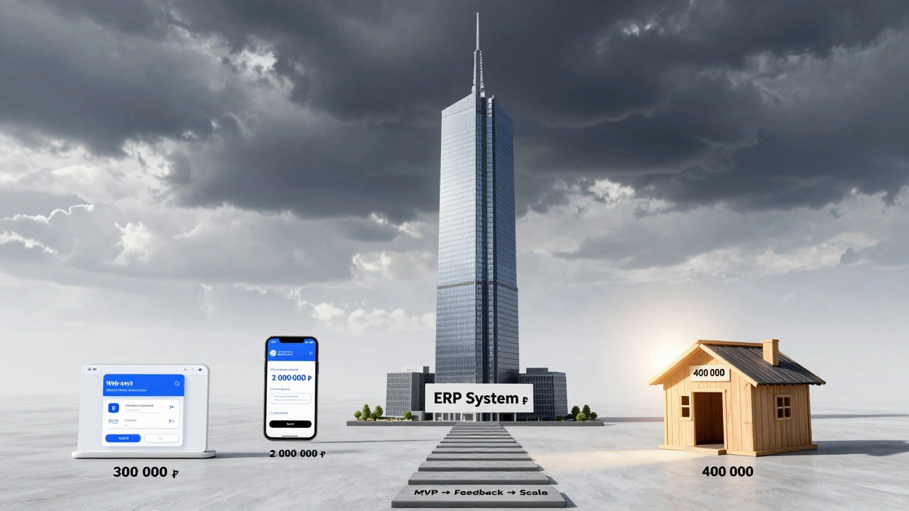 Иерархия программных проектов: от простого MVP до сложной ERP-системы с ценами и путём развития.