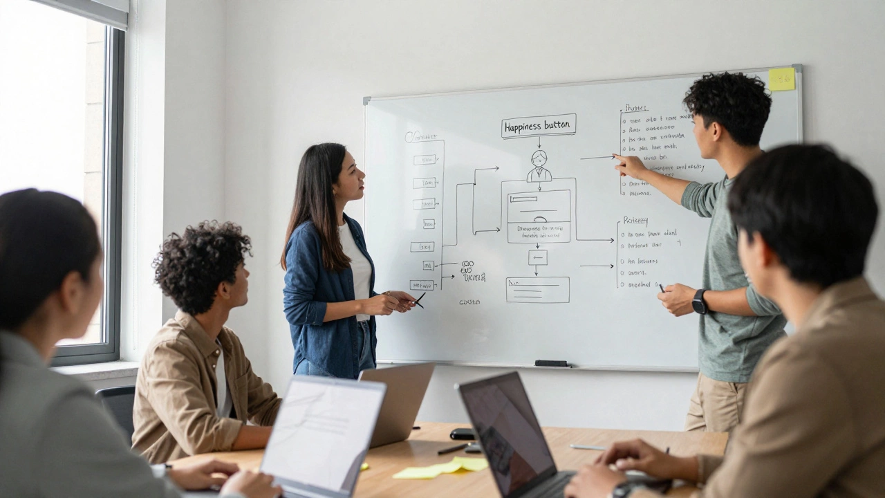 Команда разработчиков обсуждает пользовательский интерфейс у белой доски с диаграммами и заметками.
