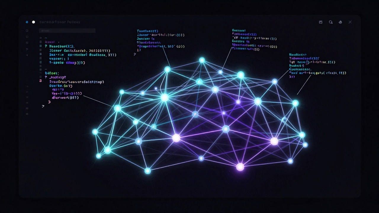 Прозрачная сеть связывает действия пользователя с исходным кодом JavaScript, плавающим в воздухе над сайтом.
