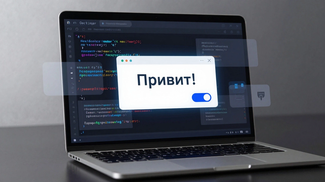 Разработчик в браузере с консолью, показывает всплывающее сообщение и переключение ночного режима.