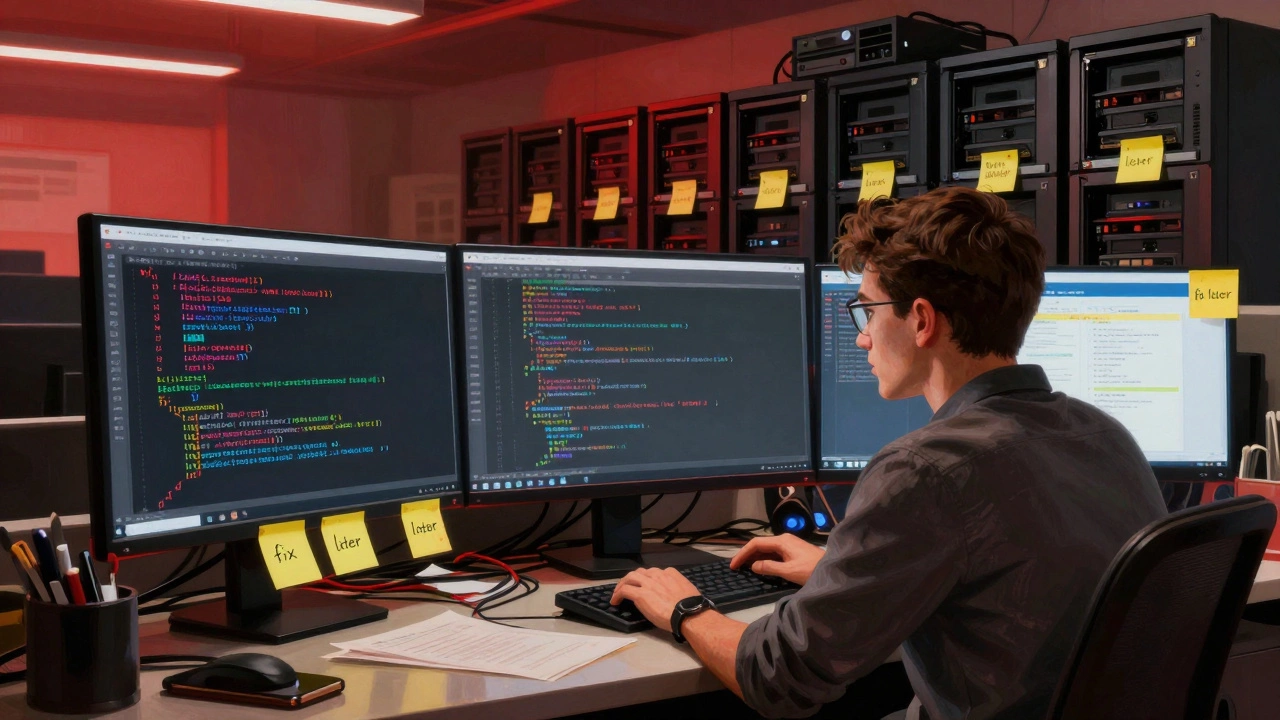 Разработчик в хаотичном офисе с кучей ошибок JavaScript и устаревшими PHP-серверами.