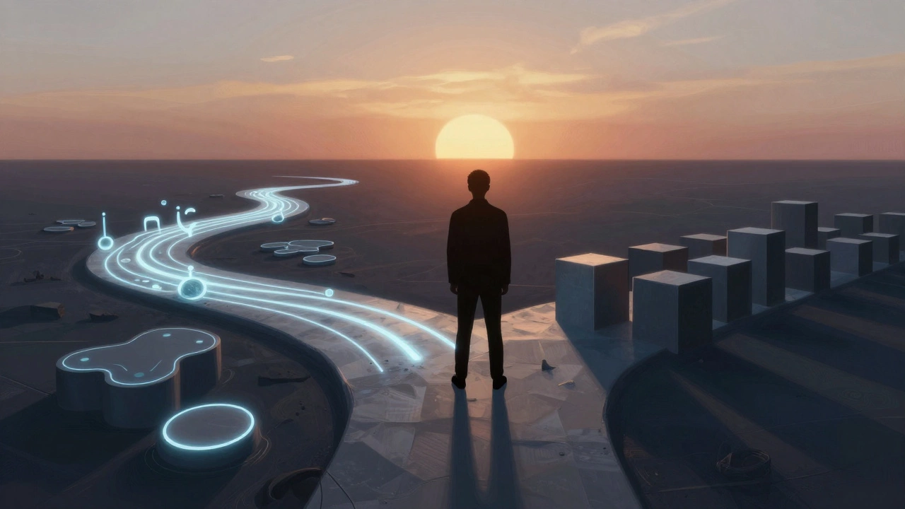Силуэт человека на перекрестке цифровых путей под закатным светом.