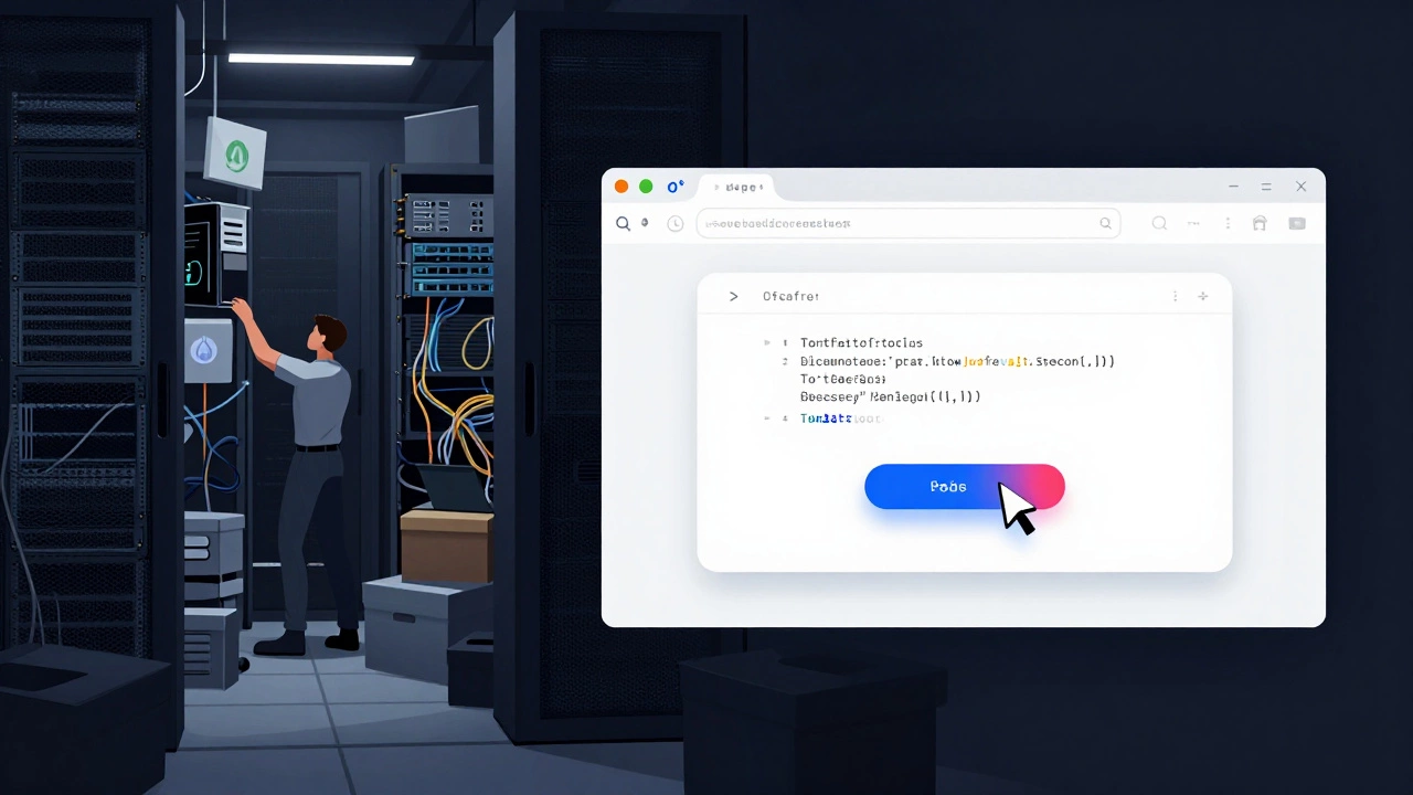 Сравнение: сложная серверная инфраструктура Java слева и простой интерактивный веб-скрипт справа.