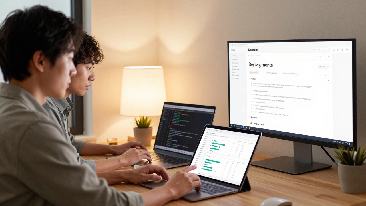 Три специалиста — маркетолог, разработчик и инженер — работают над одним веб-сайтом в современном офисе.