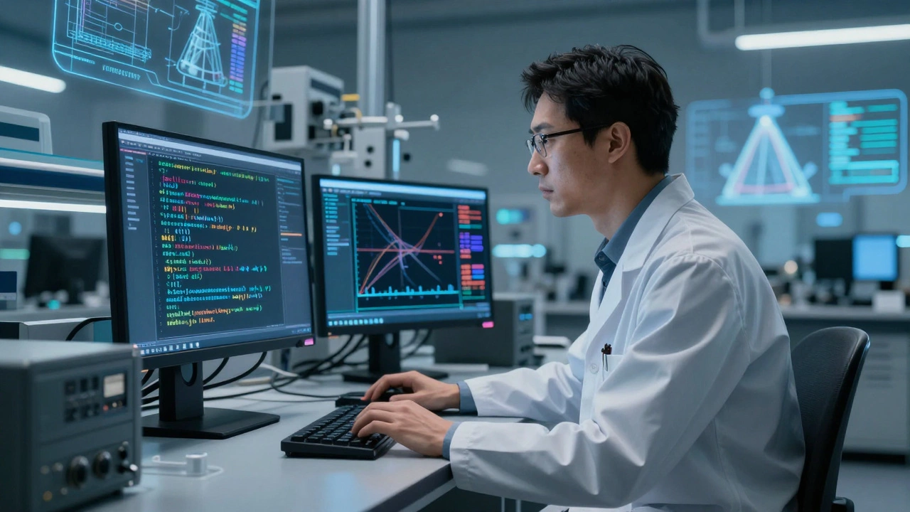 Ученый в лаборатории наблюдает за запуском расчетов на Fortran-системе.