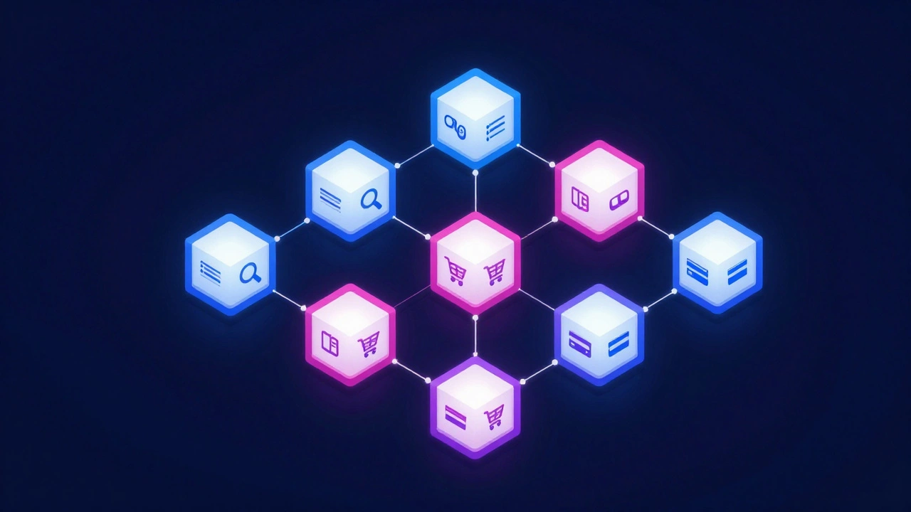 Изометрическая иллюстрация микросервисной архитектуры с взаимосвязанными светящимися модулями