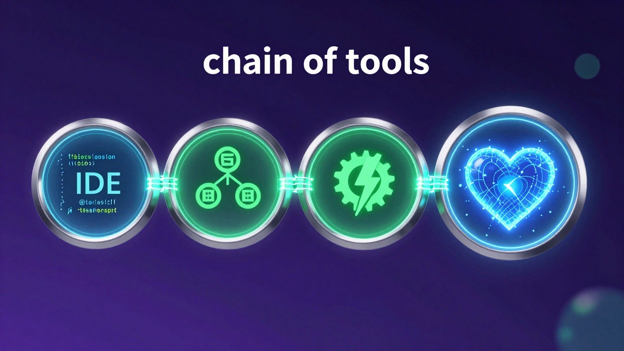 Концептуальная цепочка инструментов разработки: от IDE и Git до компилятора и ОС