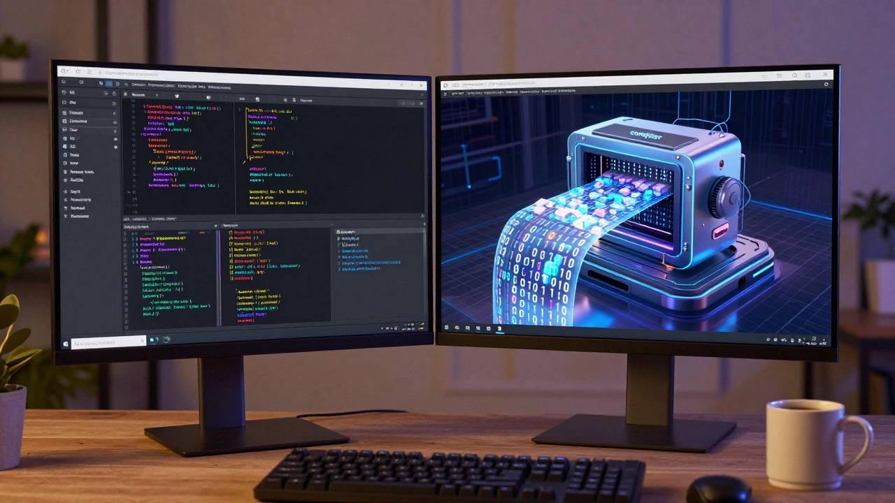 Рабочее место программиста с открытой IDE и визуализацией процесса компиляции кода