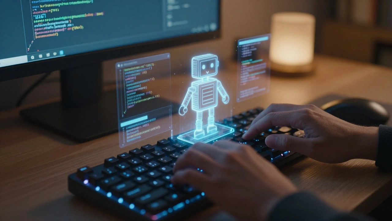 Руки программиста за клавиатурой, создающие голограмму из строк кода