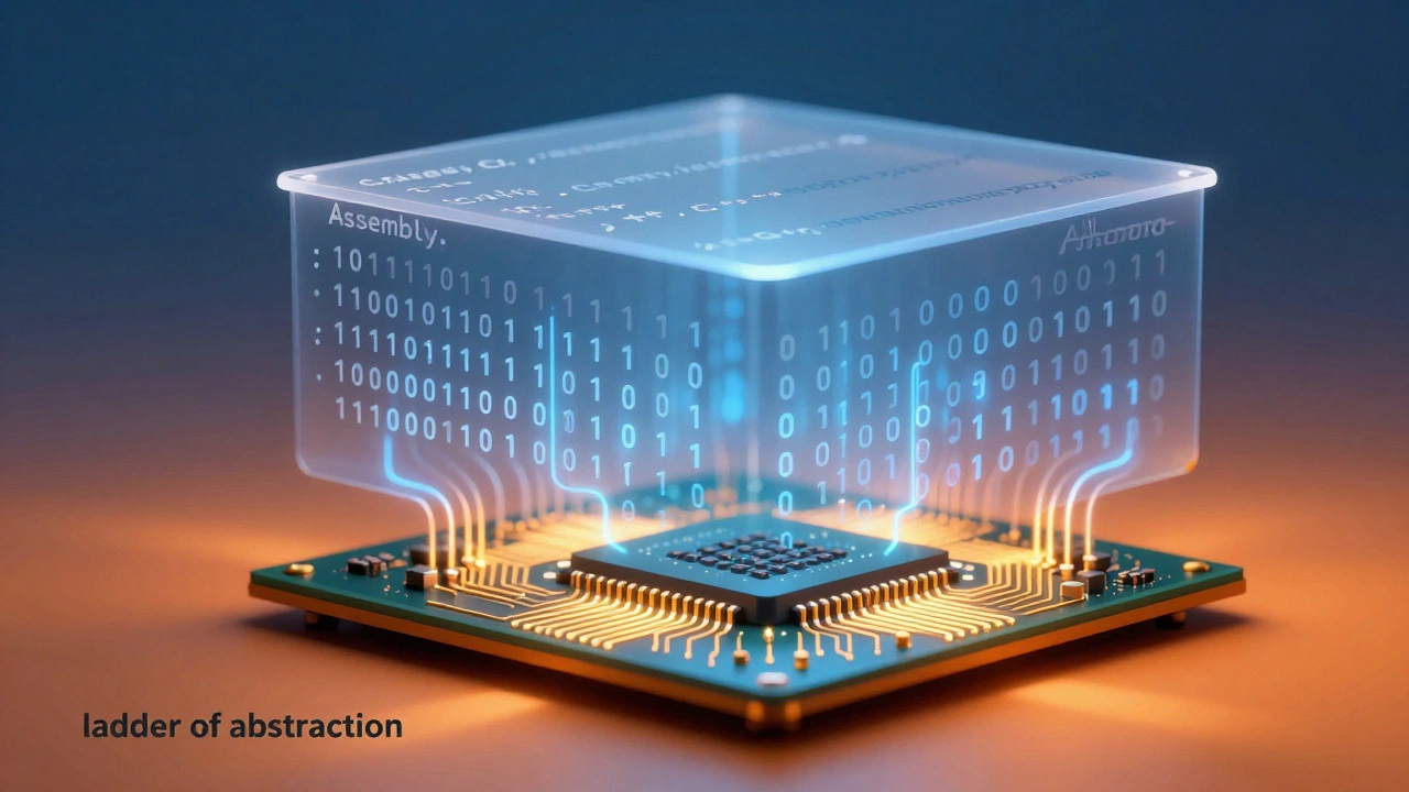 Слои абстракции кода: от C++ через бинарный код к электрическим импульсам в процессоре