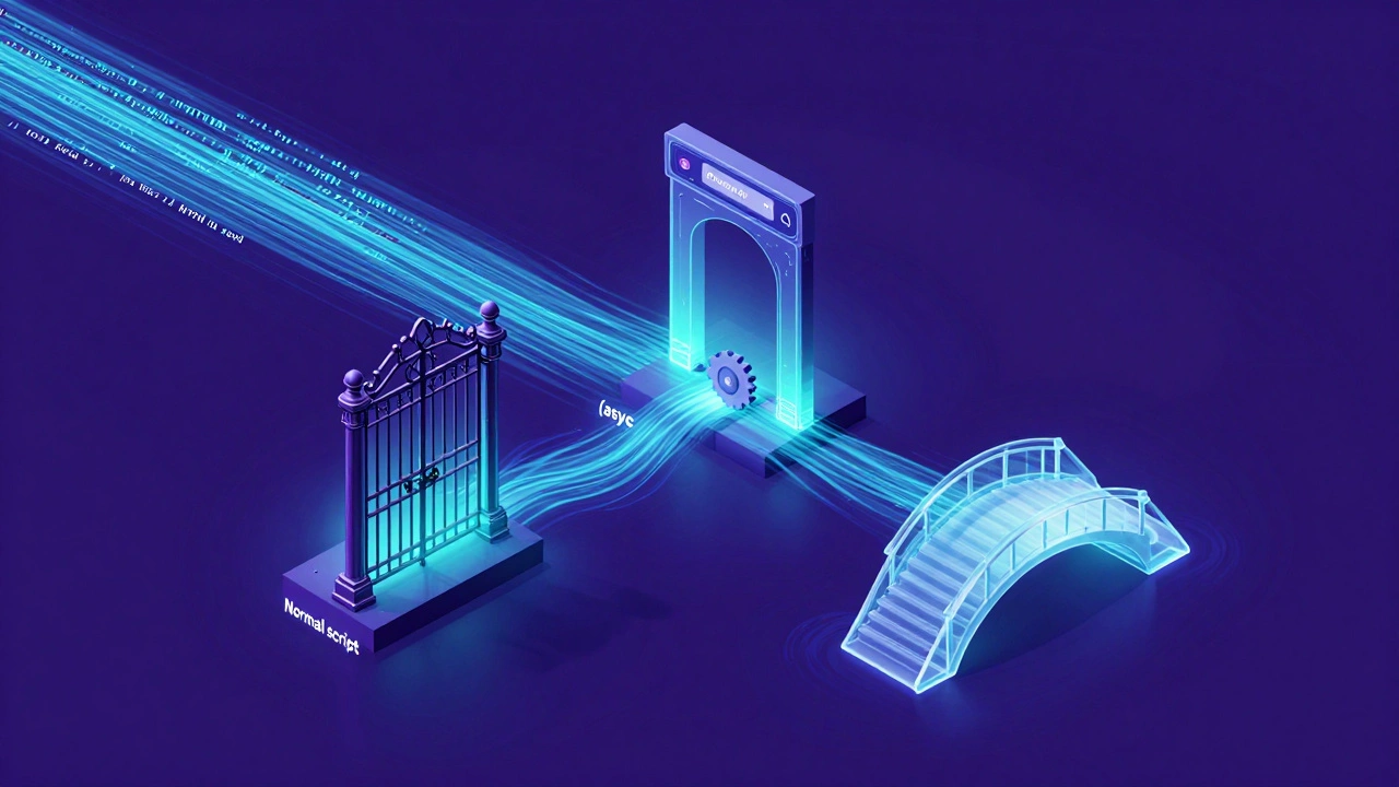 Визуализация процессов загрузки скриптов: обычный, async и defer в виде потоков данных.