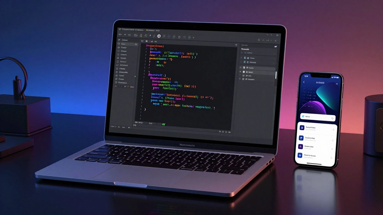 Рабочее место разработчика с Mac и открытым редактором кода Xcode